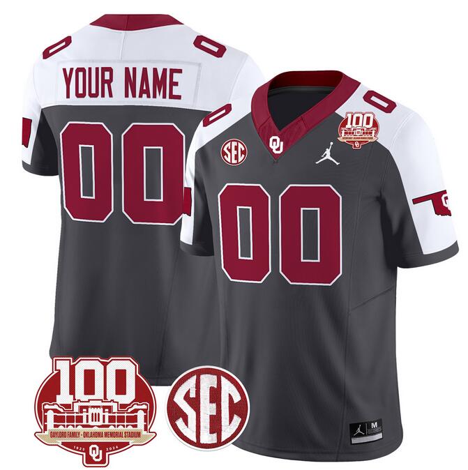 Men's Oklahoma Sooners Active Player Custom Anthracite Alternate F.U.S.E SEC & 100th Anniversary Patch Vapor Limited Stitched Football Jersey